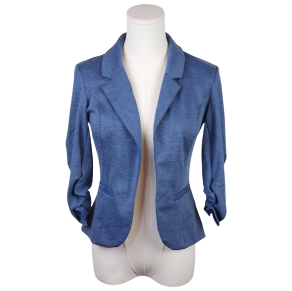Candie's Blue Knit Stretch Blazer Small Ruched Sleeves Lace Back Office Casual - Picture 1 of 11